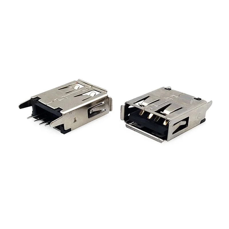 USB 2.0 vinyl 4-pin female connector with rolled edges and straight pins. USB connector type A, 180-degree upright, L = 15mm.
