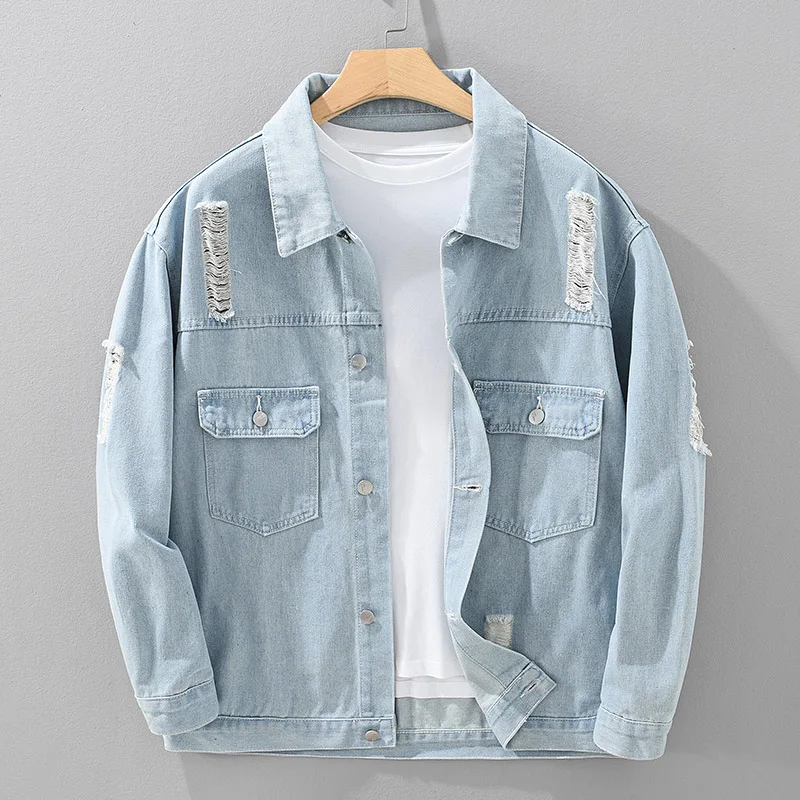

Повседневная мужская джинсовая куртка в японском стиле, свободного кроя, модная верхняя одежда для весны и осени, с дизайнерскими прорезями, из смесового хлопка и полиэстера