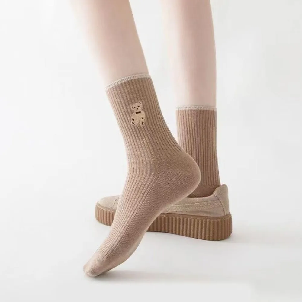 10Pairs Creative Cartoon Tube Socks Women Breathable Harajuku Cute Bear Socks Stripe Hosiery Mid-Calf Socks Girl