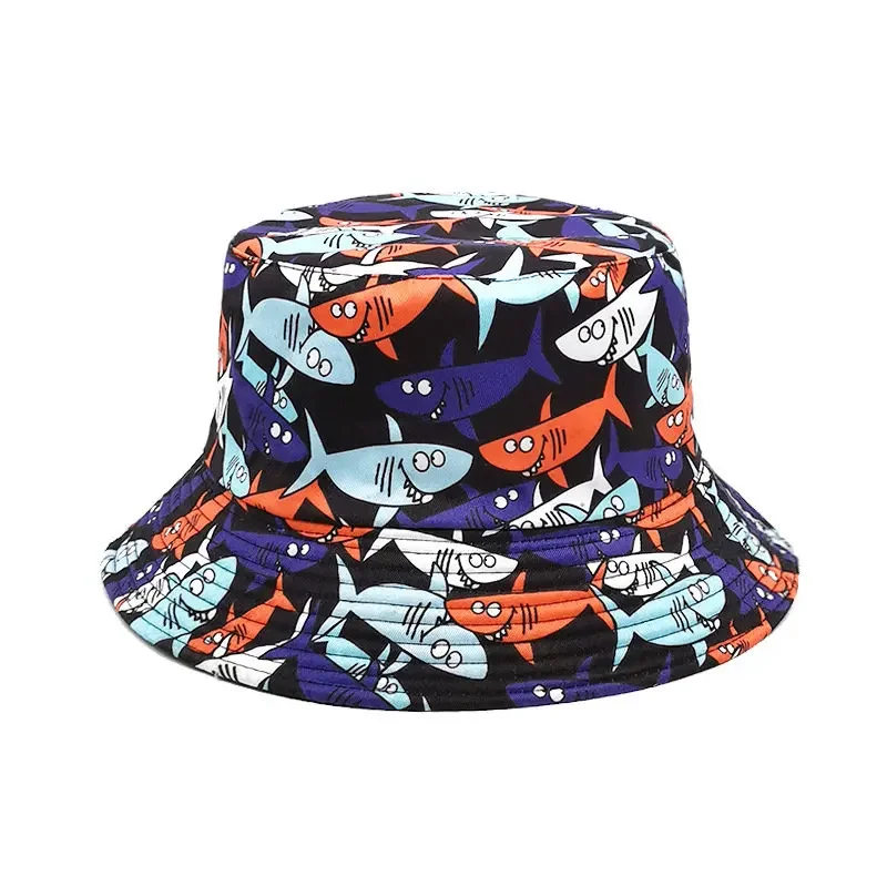 Four Seasons Polyester Cartoon fish print Bucket Hat Fisherman Hat Outdoor Travel Sun Cap For Men And Women 60