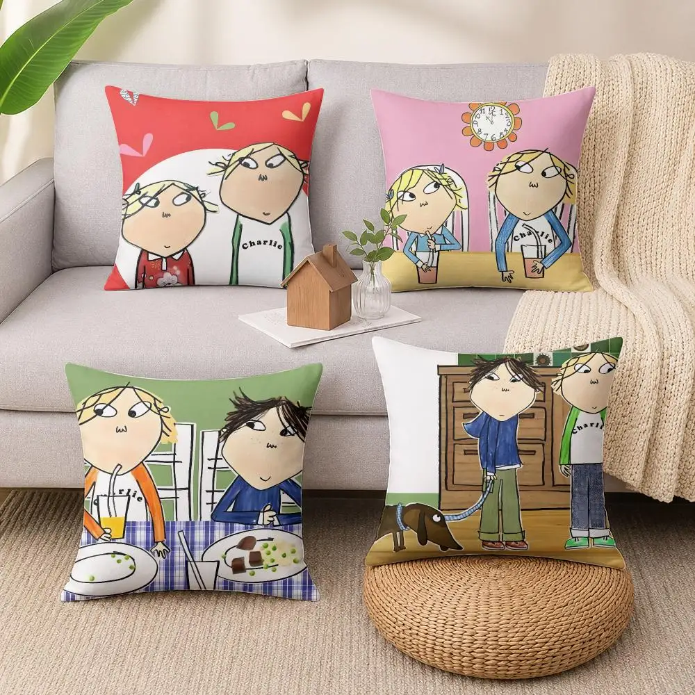 Cartoon C-Charlie And Lola Cushion Cover Wrinkle-Resistant Short Plush Cushion Covers Breathable Machine-Washable