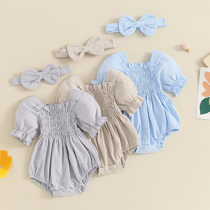 

New Infant Baby Girl Summer Romper Solid Color Puff Sleeve Ruffled Neckline Shirred Jumpsuit With Bow Headband 0-18 Months