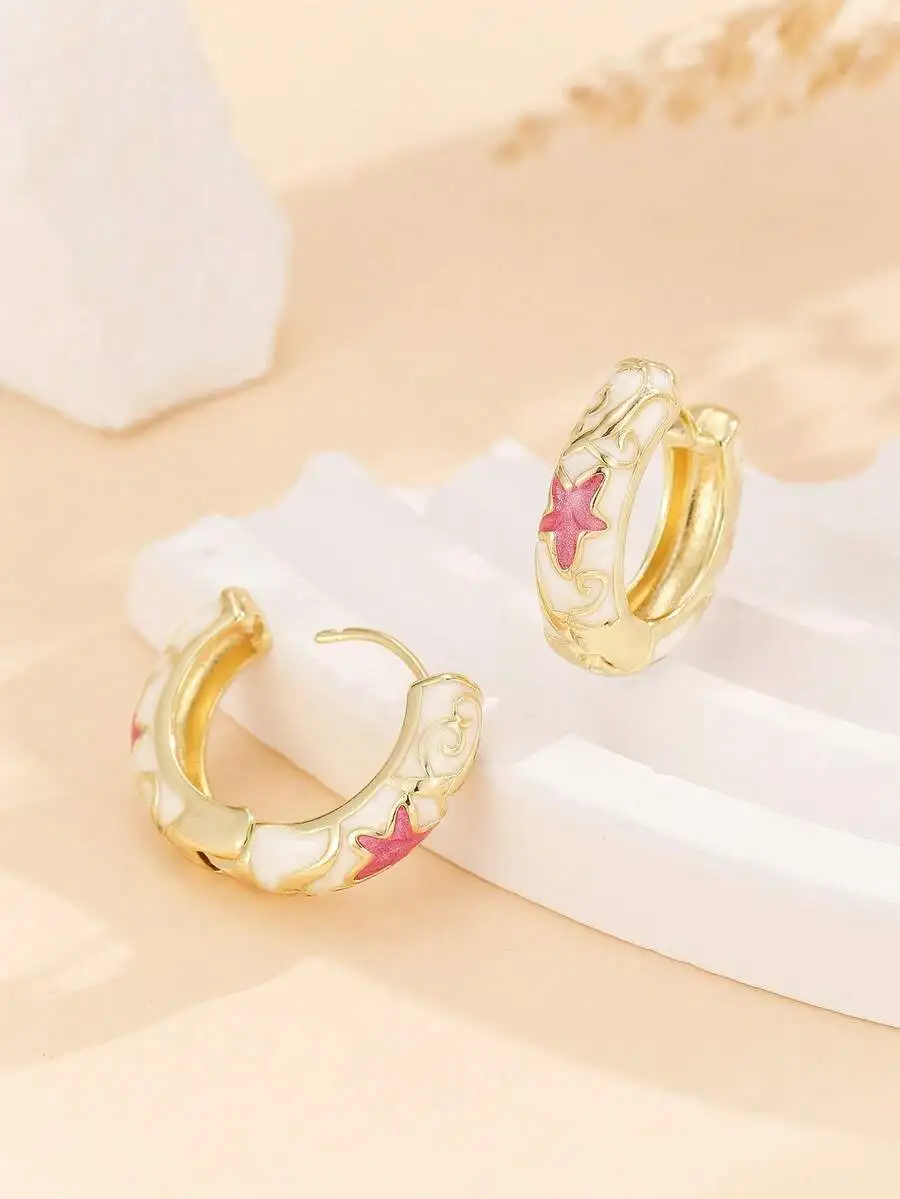 

Fashion Gilded Copper Enamel Hoop Earrings With Star Floral Design For Women