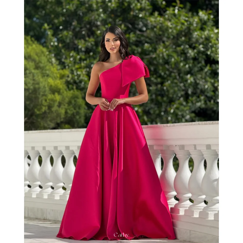 

Cathy Customized Pink One Shoulder Bow Strap Prom Dress Sleeveless Draped vestidos de noiva A-Line Floor-Length Formal Evening
