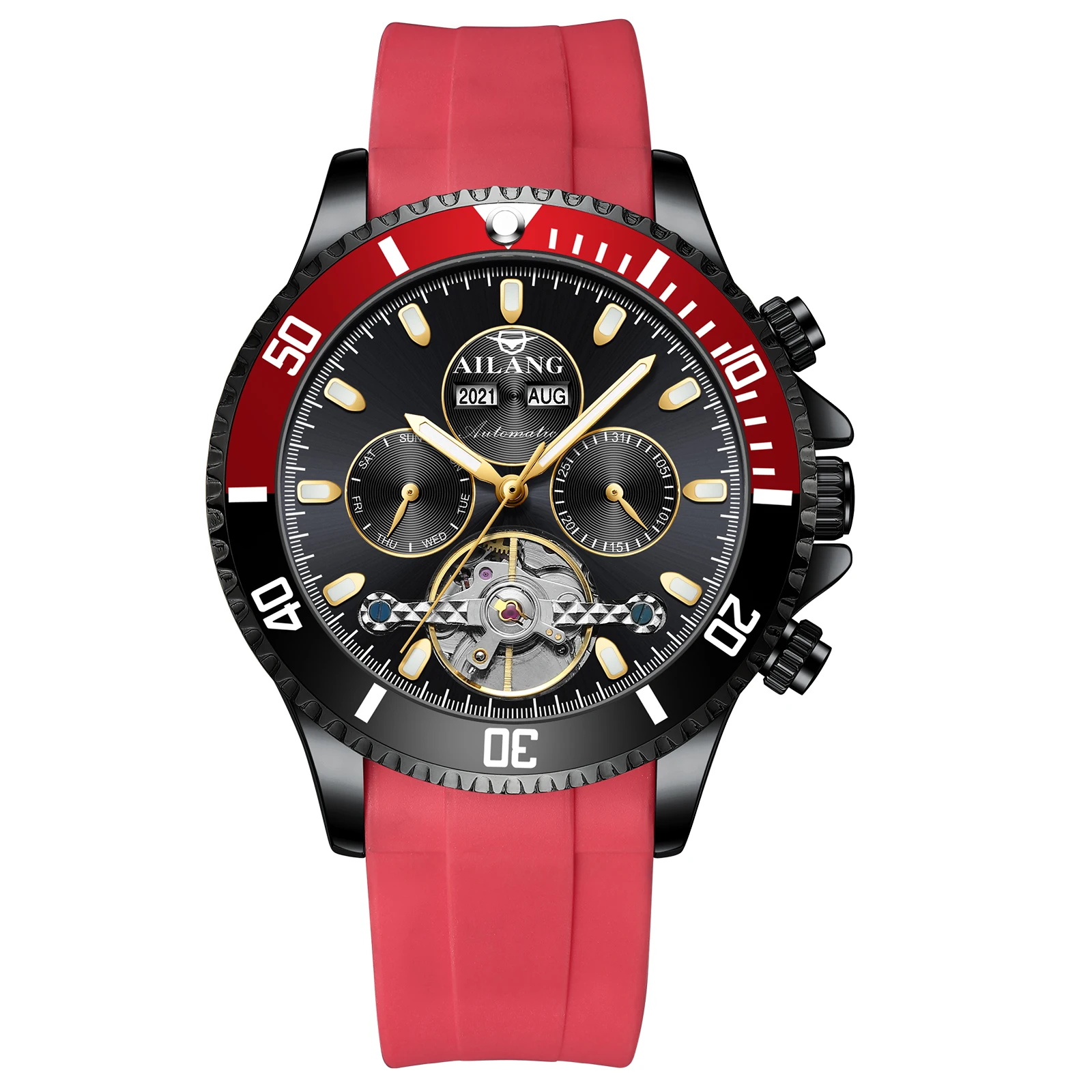 2026 Luxury Black Red Case Multi-function Sports Tourbillon Watches Waterproof Automatic Mechanical Watch Men Reloj Hombre