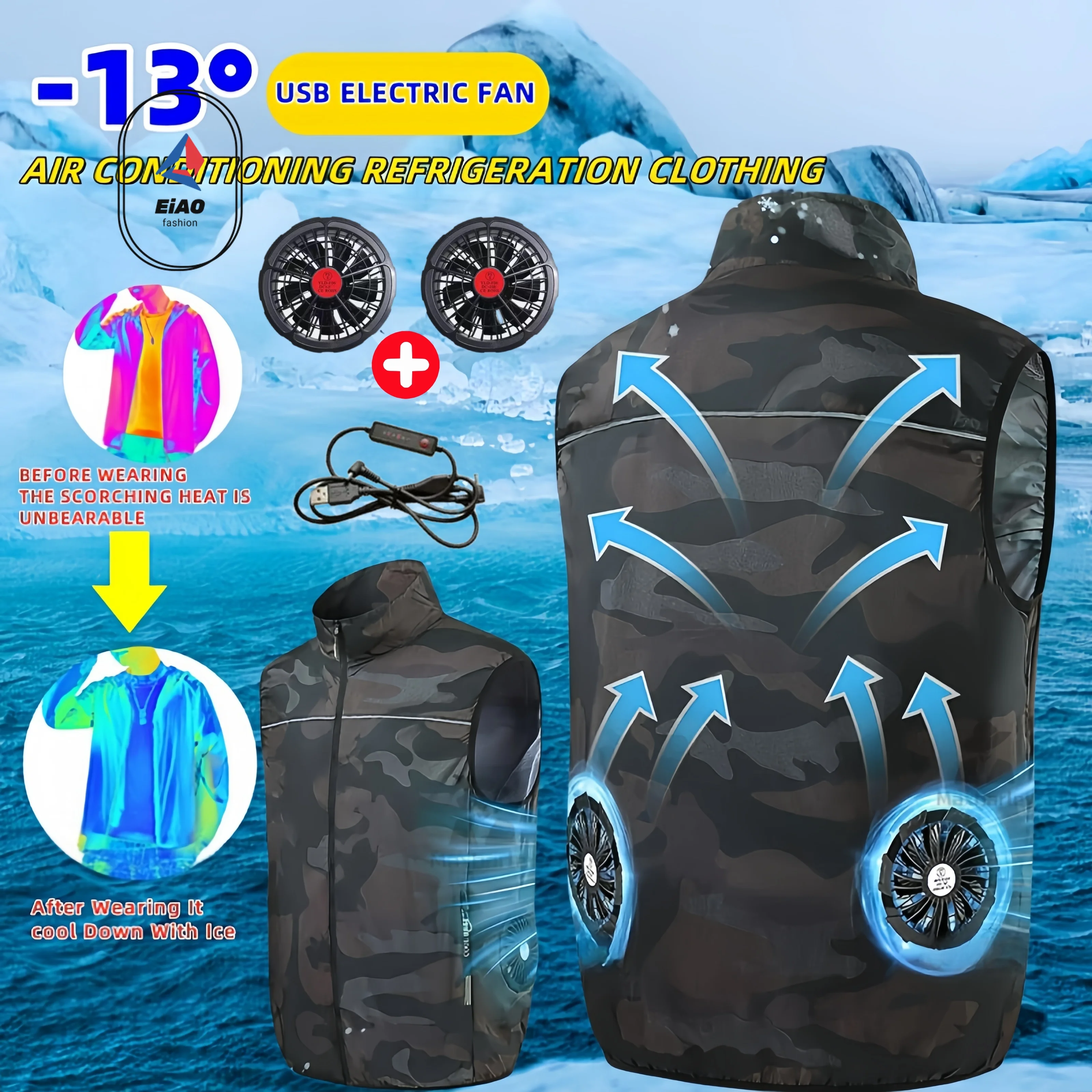 

EiAOAir Conditioner Fan Vest Mens Summer Fishing Cooling Sleeveless Work Jacket Refrigeration Clothes Hiking Camouflage Ice Vest