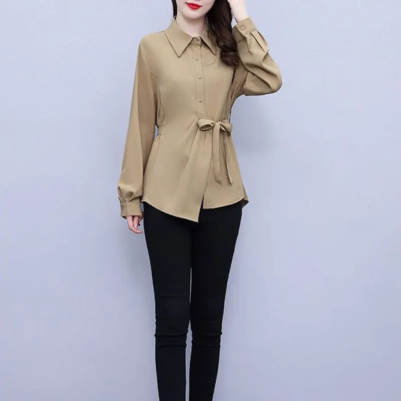 Commute Solid Color Blouse Spring Autumn Polo-Neck Women\'s Clothing Single-breasted Fashion Drawstring Asymmetrical Waist Shirt