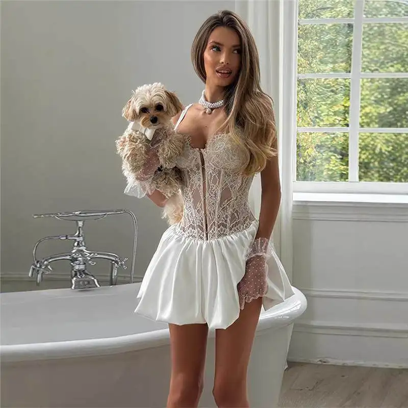 

Faionable Sexy Pure Desire Fibone Lace Splicing Strap Dr Puffy Skirt Low Waist No Sve Tee Acetate Fiber Young Wom...