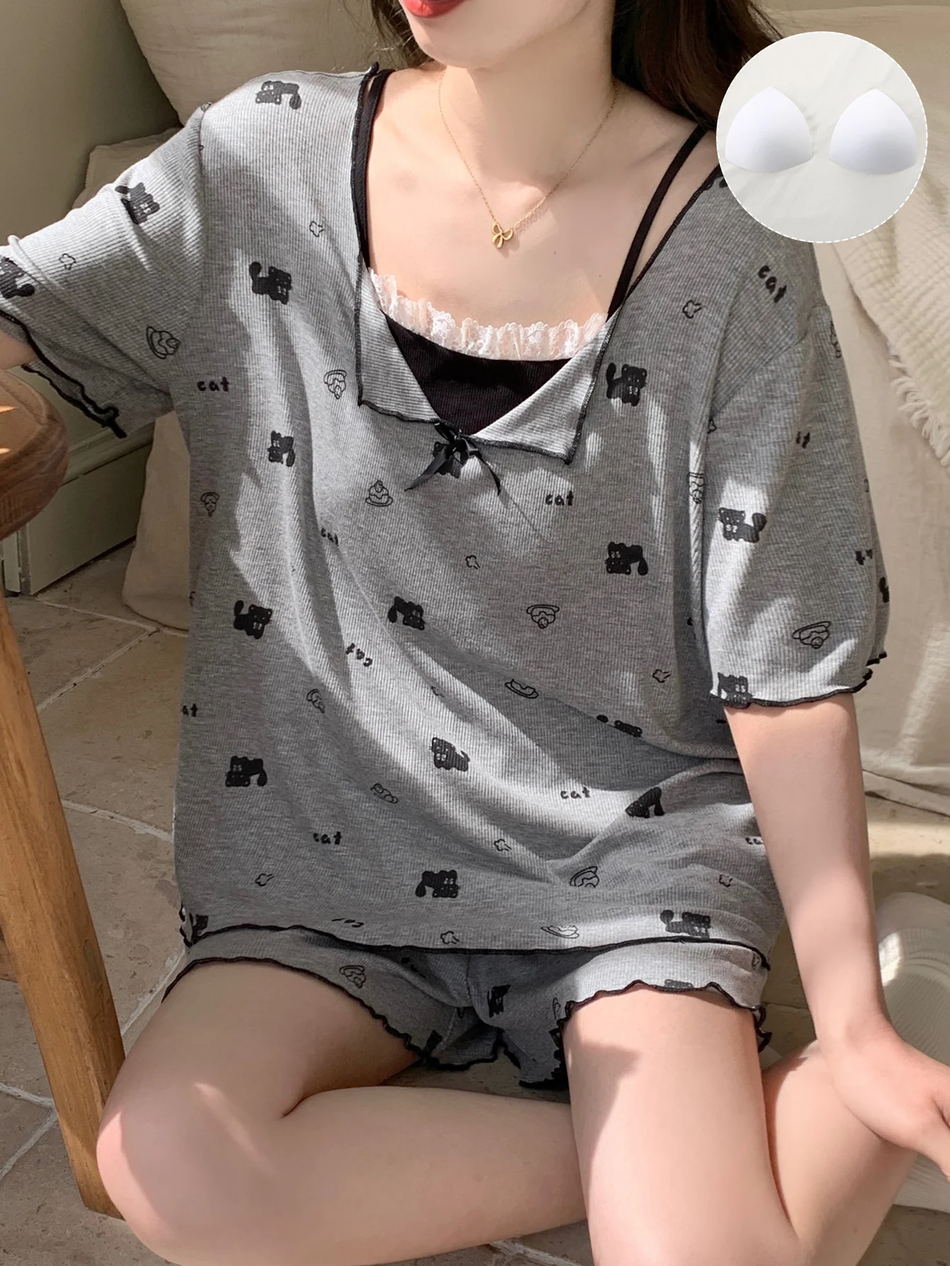 

Женские летние каникулы, две модальные пижамы с короткими рукавами, домашняя одежда с милым маленьким котом, комплект из двух предметов, можно носить на улице