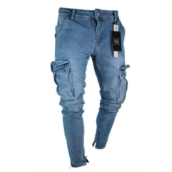 Pantalones vaqueros rasgados elásticos para hombre, pantalones de mezclilla ajustados lavados con bolsillo lateral, pantalones de chándal de motociclista, pantalones de chándal de Hip Hop, Jogger de moda