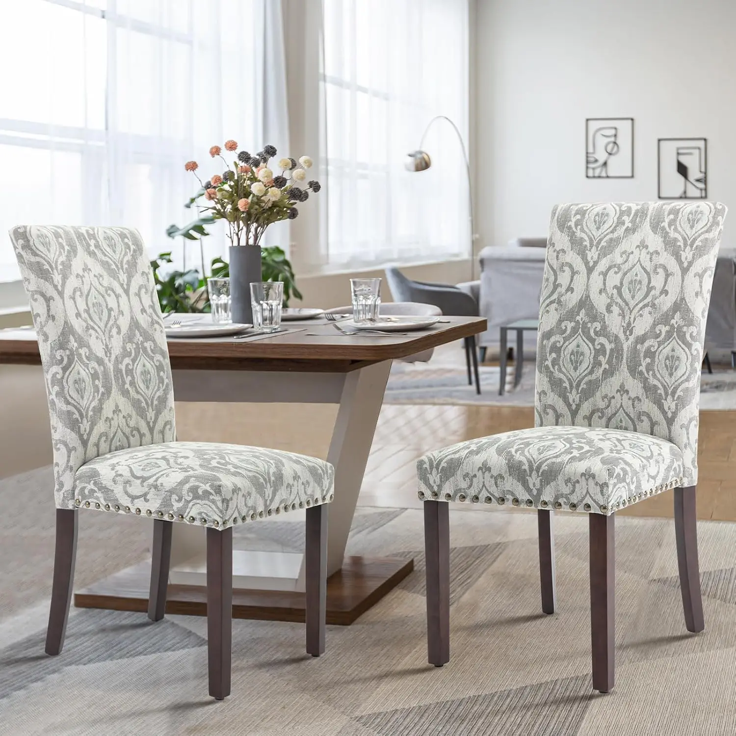 Colamy Upholstered Parsons Dining Chairs Set Of 4, Fabric Dining Room Kitchen Side Chair With Nailhead Trim And Wood Legs -