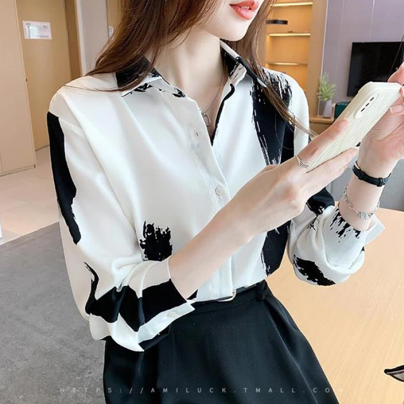 Women Spring Korean Loose Printing Office Lady Chiffon Polo-Neck Sleeveless All-match Shirts Ladies Fashion Appear Thin Tops