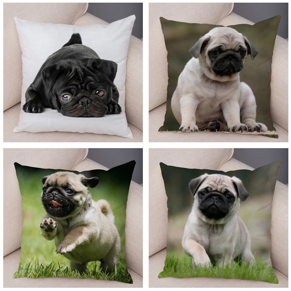 Cute Pug Dog Cushion Cover Both Sided Print Decor Pet Animal Pillowcase for Car Sofa Home Car Soft Plush Throw Pillow Case