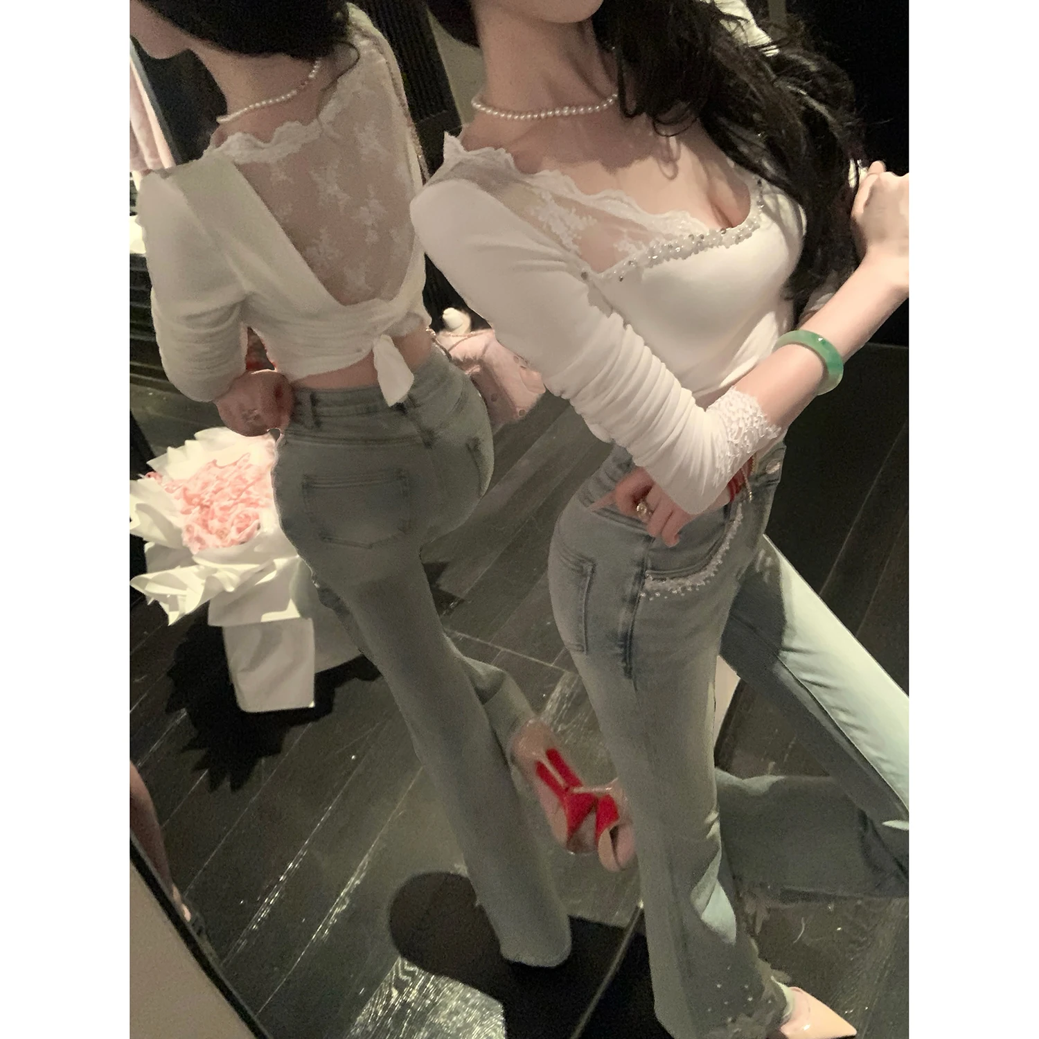 

Sy Lace Panel V-Ne Long Sve Knitted Base Layer Top Women's Slim Fit White Lace Splicing Autumn Winter Knitwear