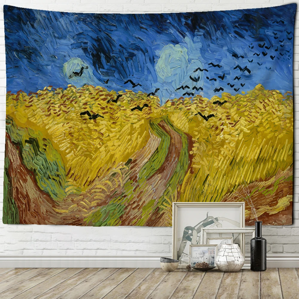 Rice Field Harvest Oil Painting Van Gogh Tapestry Wall Hanging Bohemian Aesthetic Room Hippie Background Cloth Decor