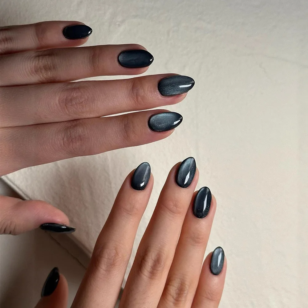 24Pcs Almond Fake Nails Gray Color Cat's Eyes Press On Nails Glossy Full Cover Acrylic False Nails Patches DIY Charm Manicure