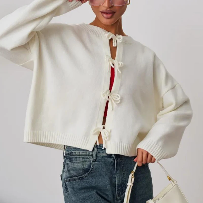 Herbst Winter Pullover Strickjacke Frauen O Neck Lace Up Kurze Pullover Für Frauen Mode Langarm Beiläufige Gestrickte Pullover