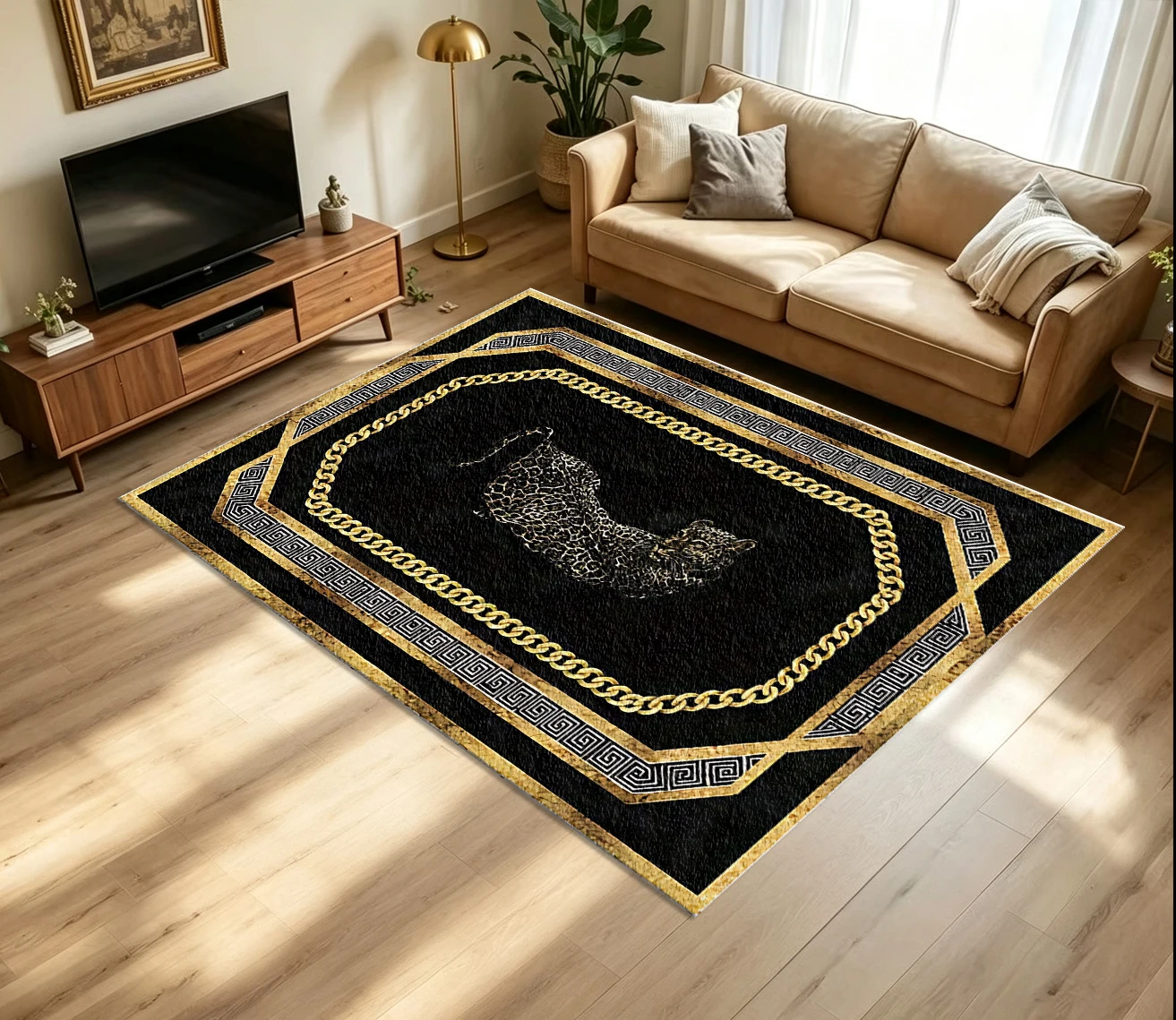 Luxurious Black and Gold Leopard Print Greek Key Pattern Border Carpet, Non-Slip and Washable Living Room Carpet, Suitable for Luxurious Home Decor