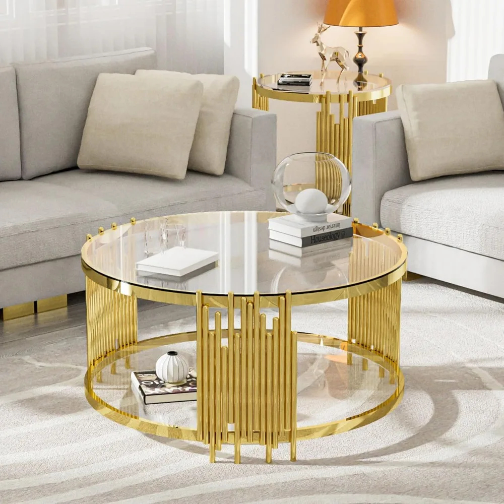 

Glass Coffee Table Round Modern Living Room Table, Gold Stainless Steel Metal Leg Clear Tempered Glass, Sofa Center Tables Furni