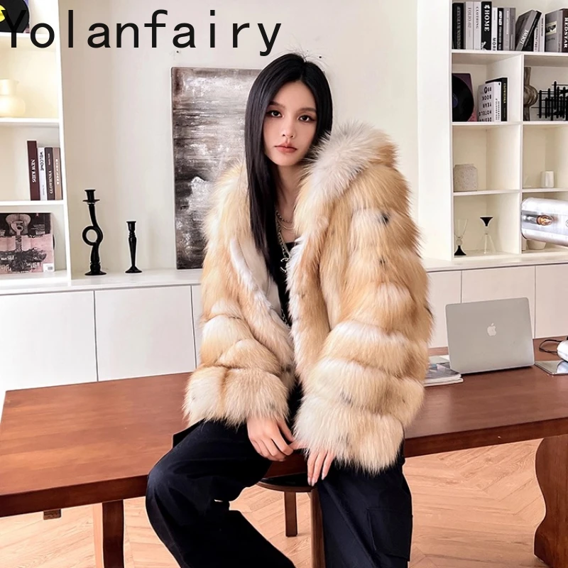 YOLANFAIRY autumn and winter Imported whole fox fur Thickened New hooded long-sleeve dcommuting style fur coat шуба женская 2025