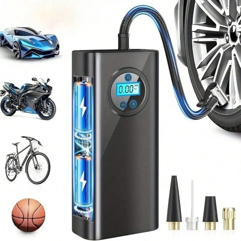 

Беспроводной портативный компрессор для накачки шин, в 3 раза быстрее, с ЖК-дисплеем, 3 насадки-адаптера для автомобильных шин, мотоциклов, велосипедов, баскетбольных мячей