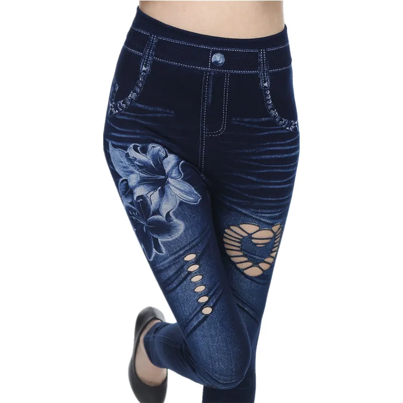 Sexy Imitation Denim Womens Leggings Capris Hollow Out Legging Women Pants Woman Clothing Legins Trousers Bottom Ropa Mujer