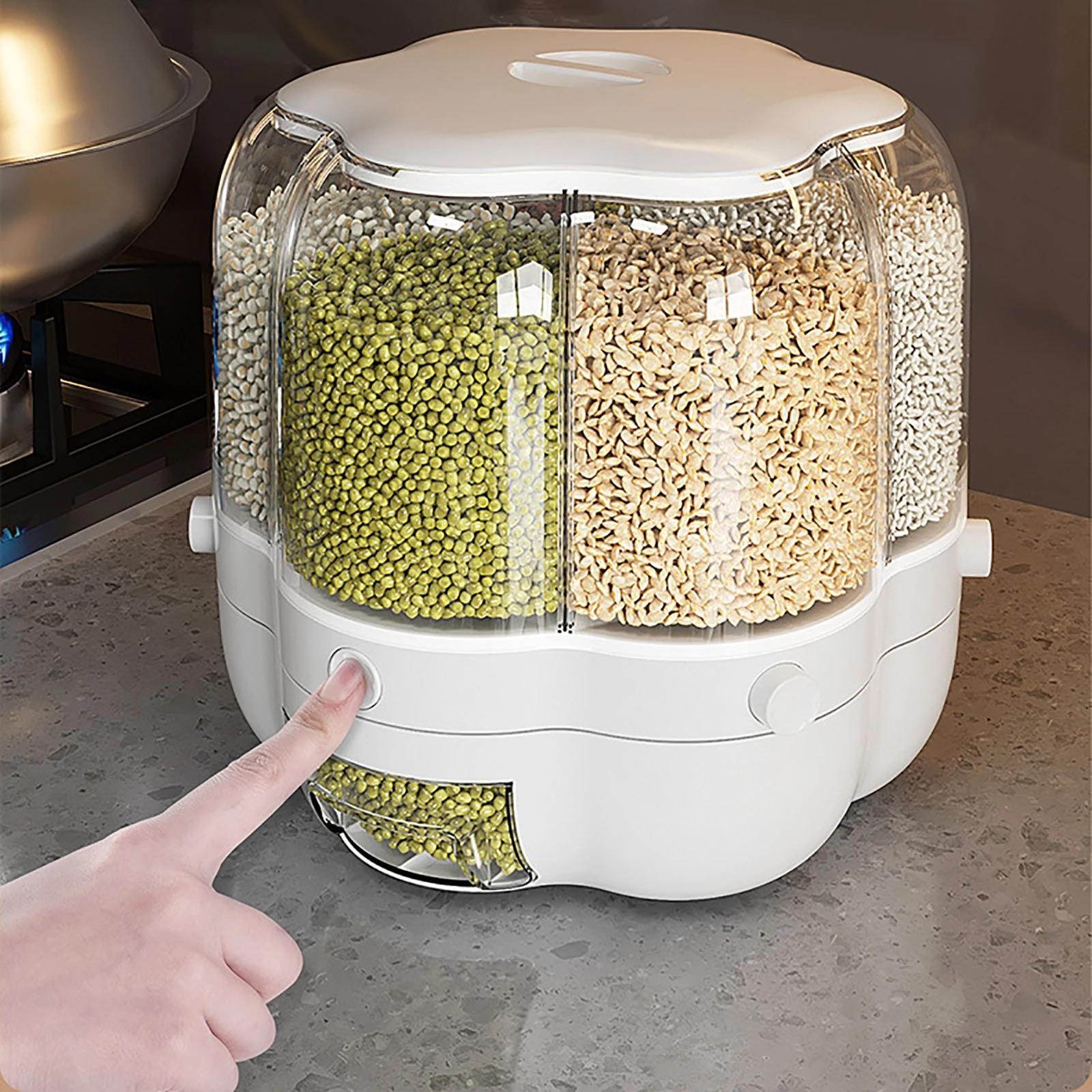 Dispenser di riso a griglia rotante a 6 griglie Dispenser di cereali sigillato secchio separato contenitore per alimenti secchi contenitore di stoccaggio per riso rotondo