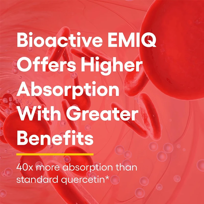 Bioactive Quercetin EMIQ 50mg contains Vitamin C, supporting sinus, heart, and immune health, in 60 capsules