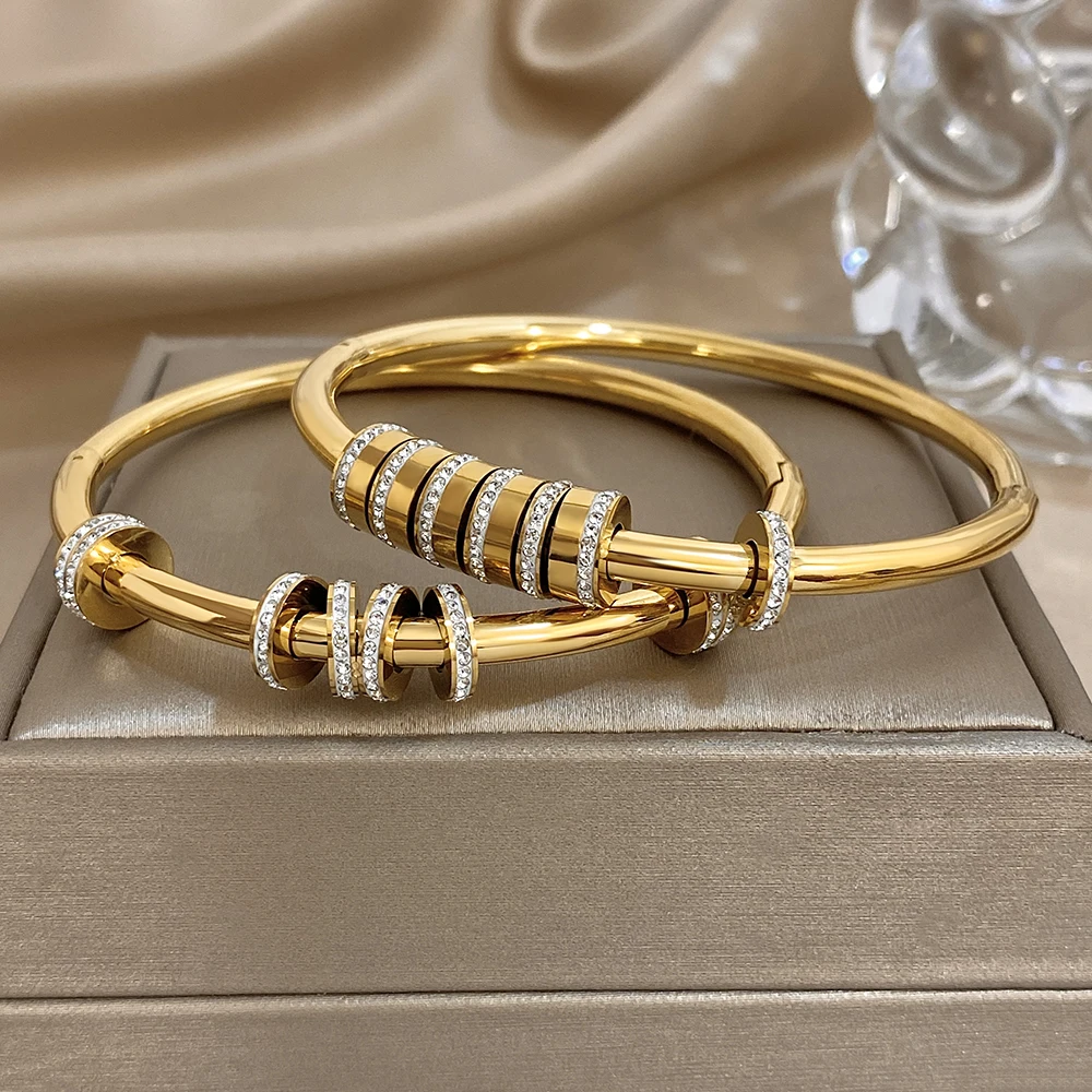 316L Stainless Steel Rhinestones Cylinder Cuff Bangles Bracelet For Women Men New Gold Plated Stackable Charms WaterproofJewelry