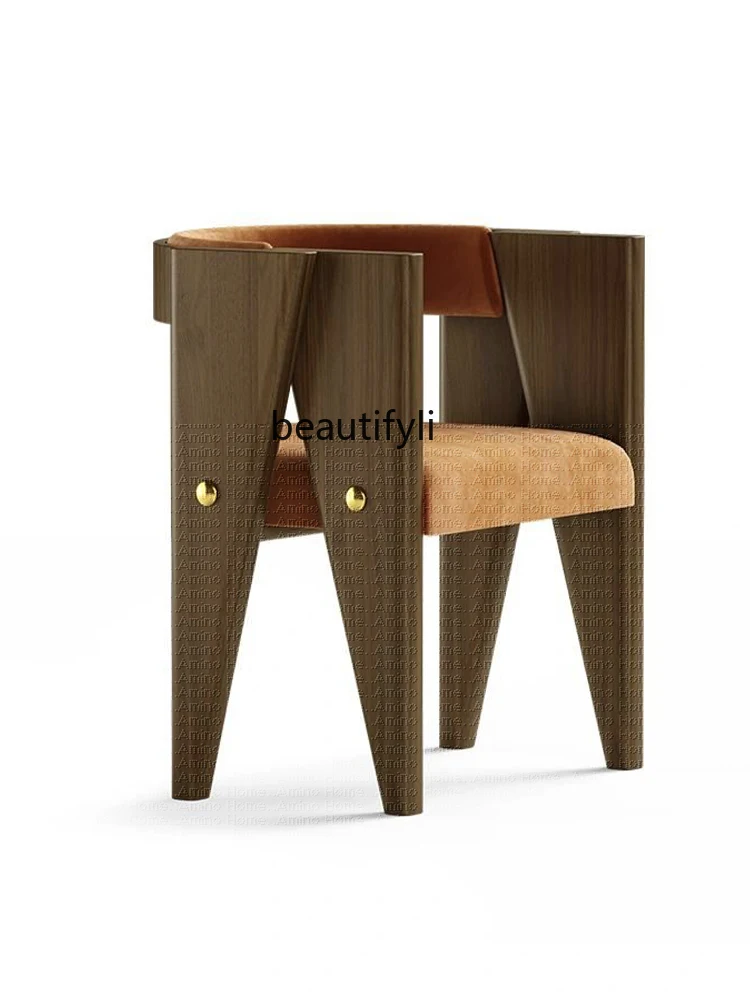 

Black Walnut Wooden Dining Chair Home Design Retro Curved Backrest Solid Wood Desk Cosmetic Chair Niche Scissors Chair