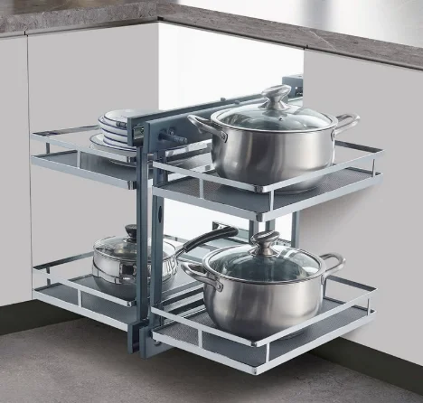 Full‑Extension Pull‑Out Cabinet Corner Basket, Kitchen Magic Corner Pot Storage Basket for Blind Corner Cabinet Organizing