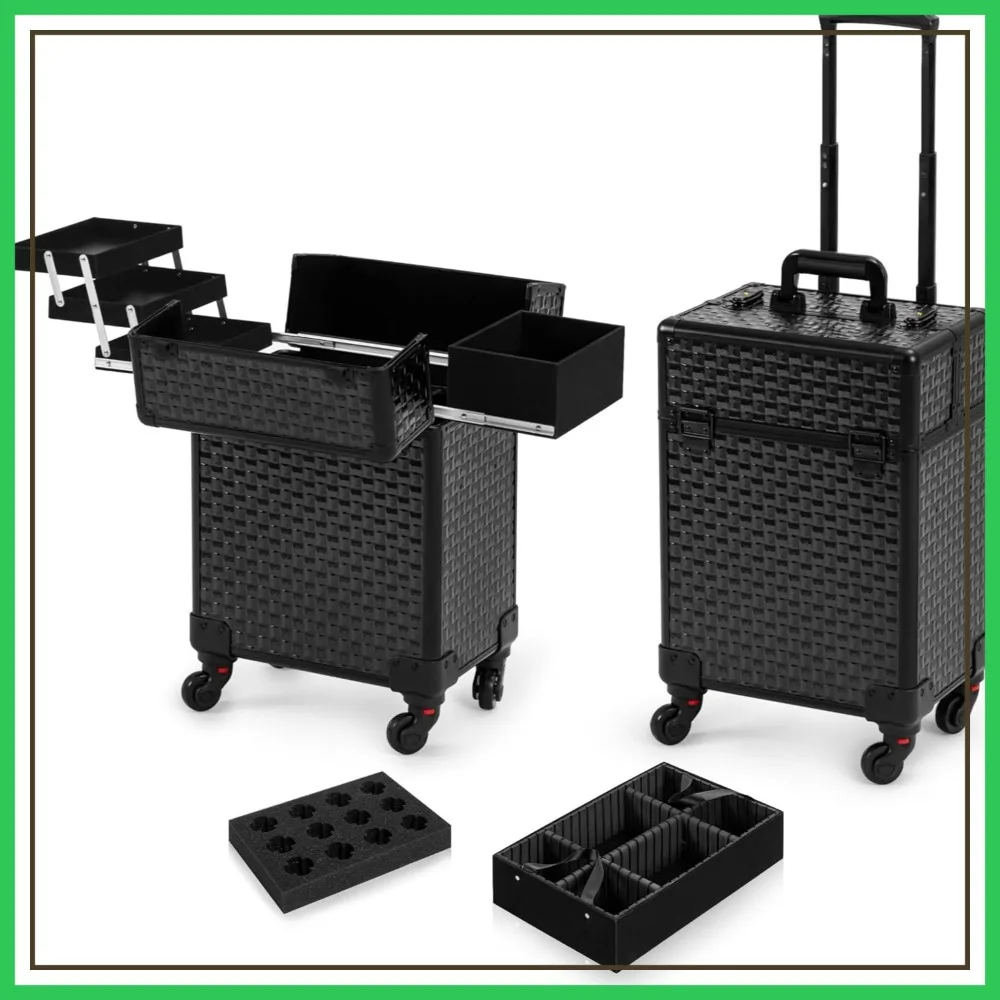 

Large Rolling Makeup Train Case with 4 Aluminum Trays, 360 Swivel Wheels, Traveling Cosmetic Trolley for Hairstylist, Black