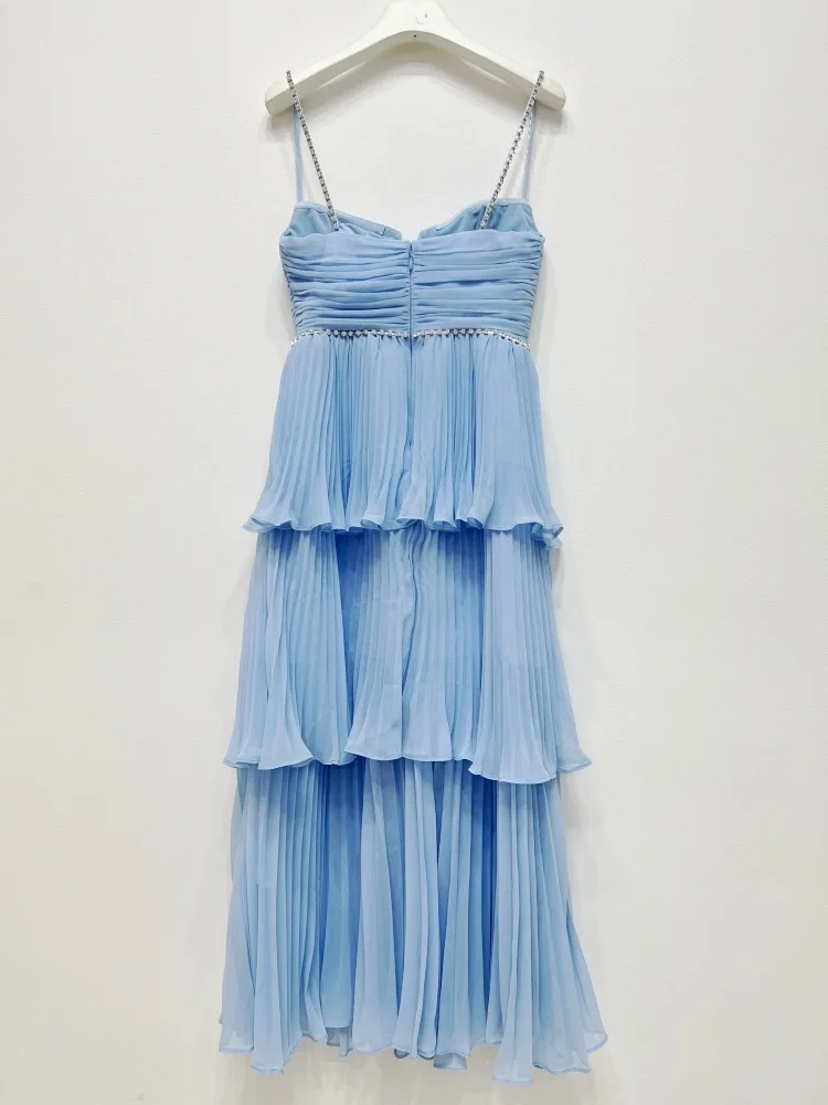 Luxury Summer Beading Chain Diamonds Ruffle Chiffon Long Dress Women Strap Blue Sundress Sexy Backless Midi Evening Cake Dresses