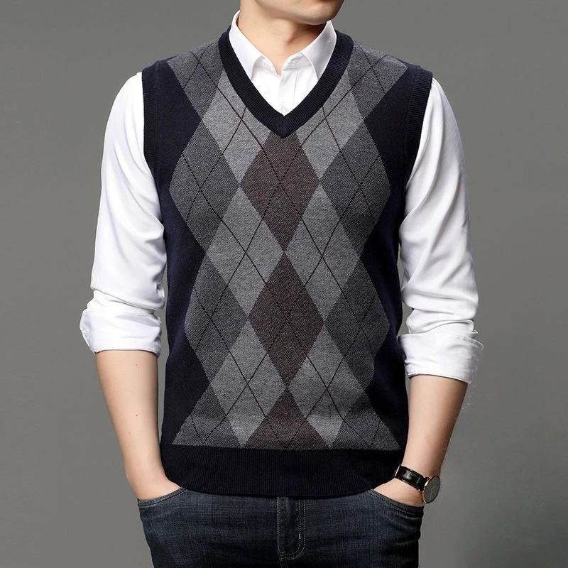 

Облегающий вязаный жилет с ромбовидным узором, пуловер с круглым вырезом, термоизолированная флисовая подкладка, мужская осенне-зимняя деловая верхняя одежда