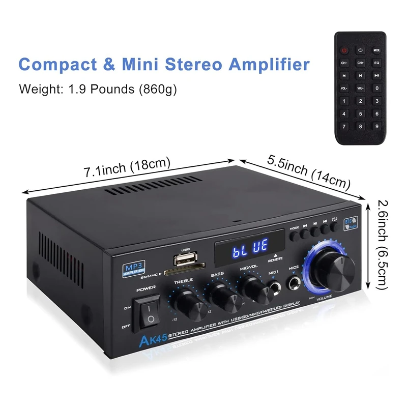 Penerima Amplifier Audio Stereo Bluetooth 5.0, 1 buah Speaker suara Home Theater Audio Stereo System Amplifier FM Radio UK Plug