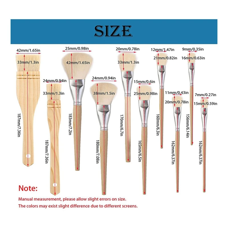 염소 헤어 브러시 금박 브러시, 수채화, 워시, 세라믹 먼지털이 플랫 브러시 걸레, 모듬 사이즈 10 개