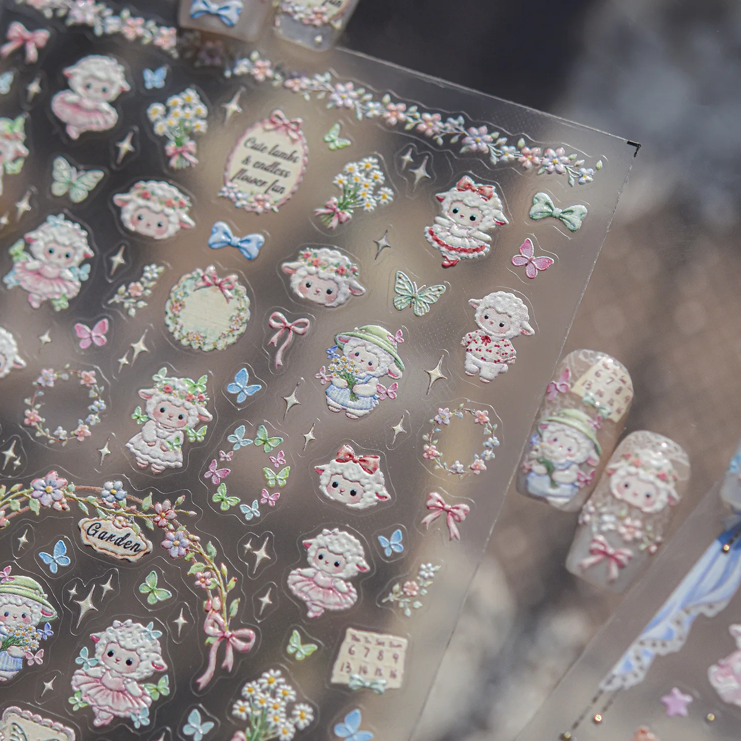 Sweet Garden Lamb 5D Nail Stickers Bouquet Bow Wreath Butterfly Flower Border Tag Raised Nail Decals For Girls Manicure Nail