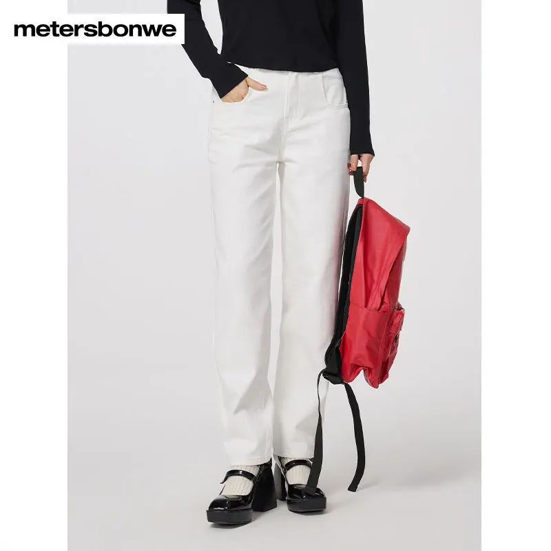 

Metersbonwe-Women's 100%Cotton Classic Mom Jean Solid Color Comfortable Slim Denim Trousers Commuter Casual Spring Autumn