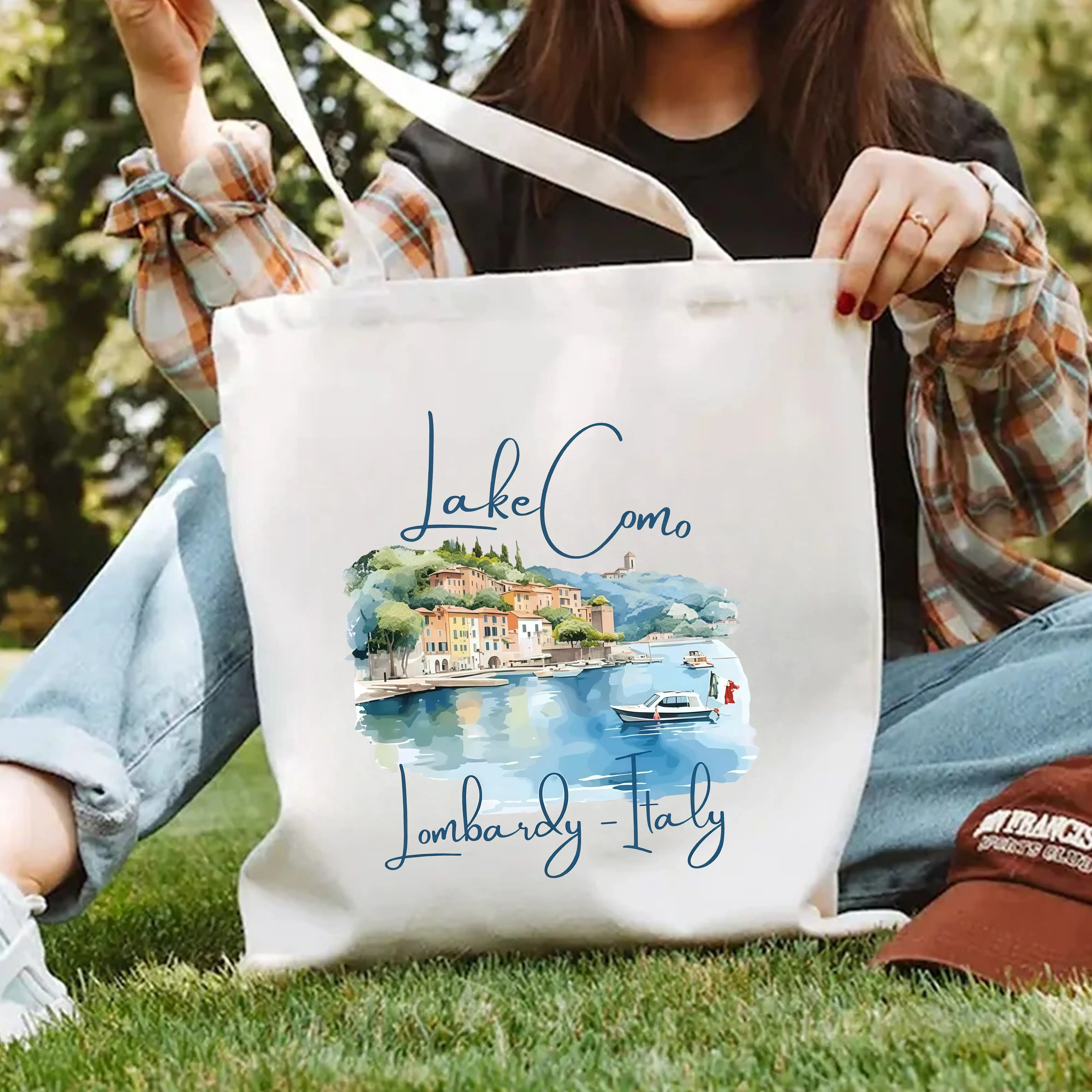 Travel Tote Bag with Italian Lake Como Pattern | Lightweight Large Capacity Fashionable Minimalist Durable Beige Shopping Handba