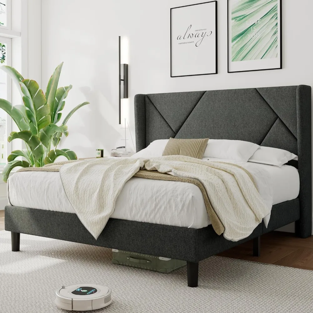 Queen Size Bed Frame with Geometric Wingback Storage Headboard,  Modern Upholstered Platform Beds, Noise-Free, Bed Frame