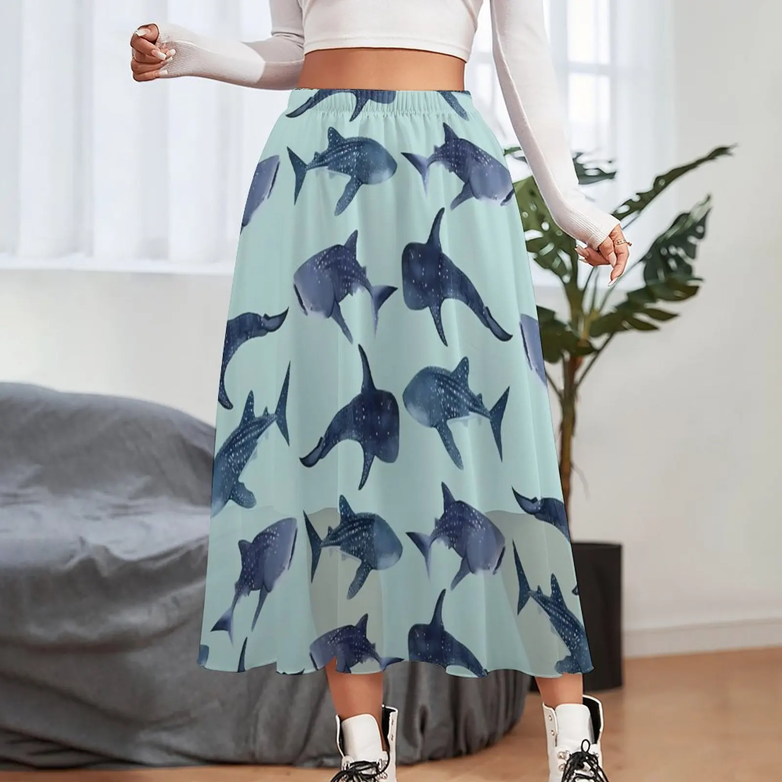 Whale Sharks Skirt Light Blue Animal Elegant Boho Skirts Summer Y2K Elastic Waist Chiffon Design Oversized Casual Skirt