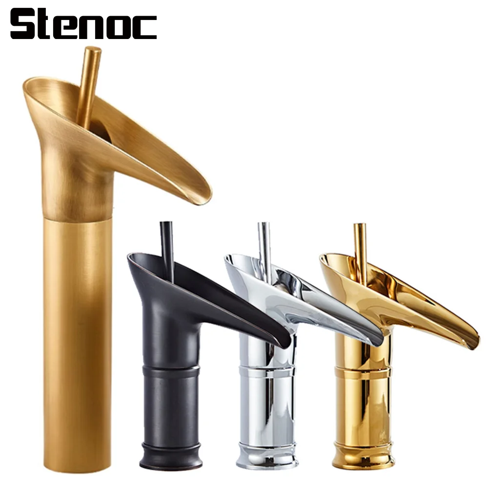 antique-brass-basin-faucet-single-lever-waterfall-mixer-tap-gold-deck-mount-cold-hot-vanity-sink-crane-one-hole-bronze-black-tap