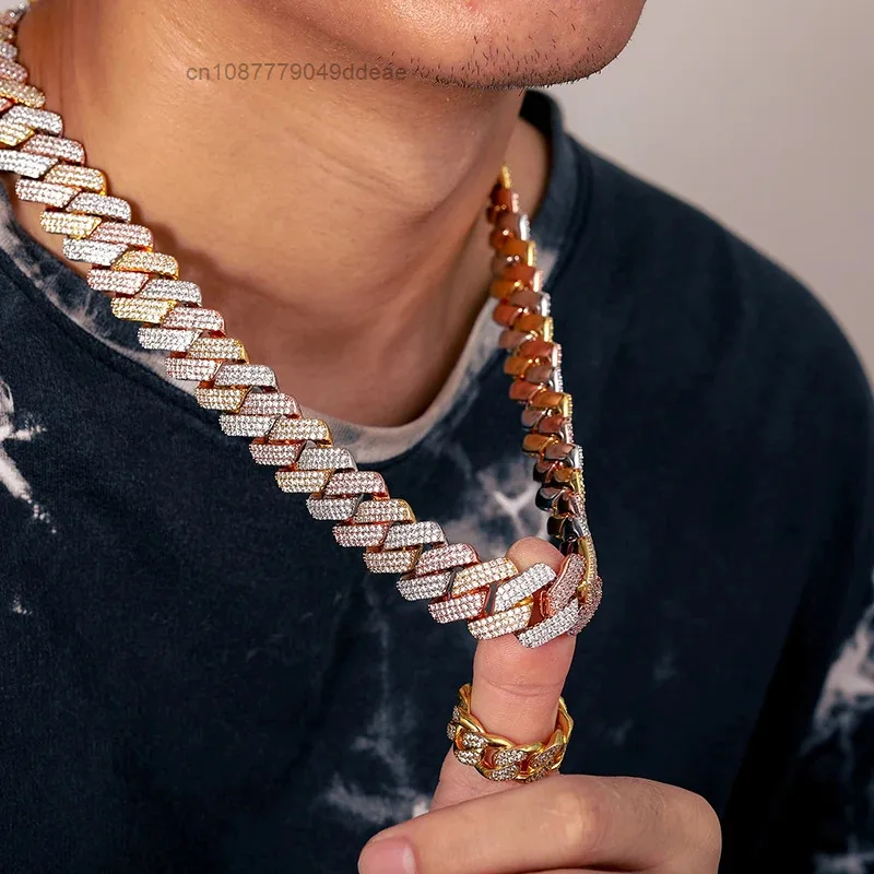 Hip Heavy Hop Jewelry 19mm 3 Tones 925 Sterling Silver VVS Moissanite Iced Out Miami Cuban Link Chain Necklace for Men..