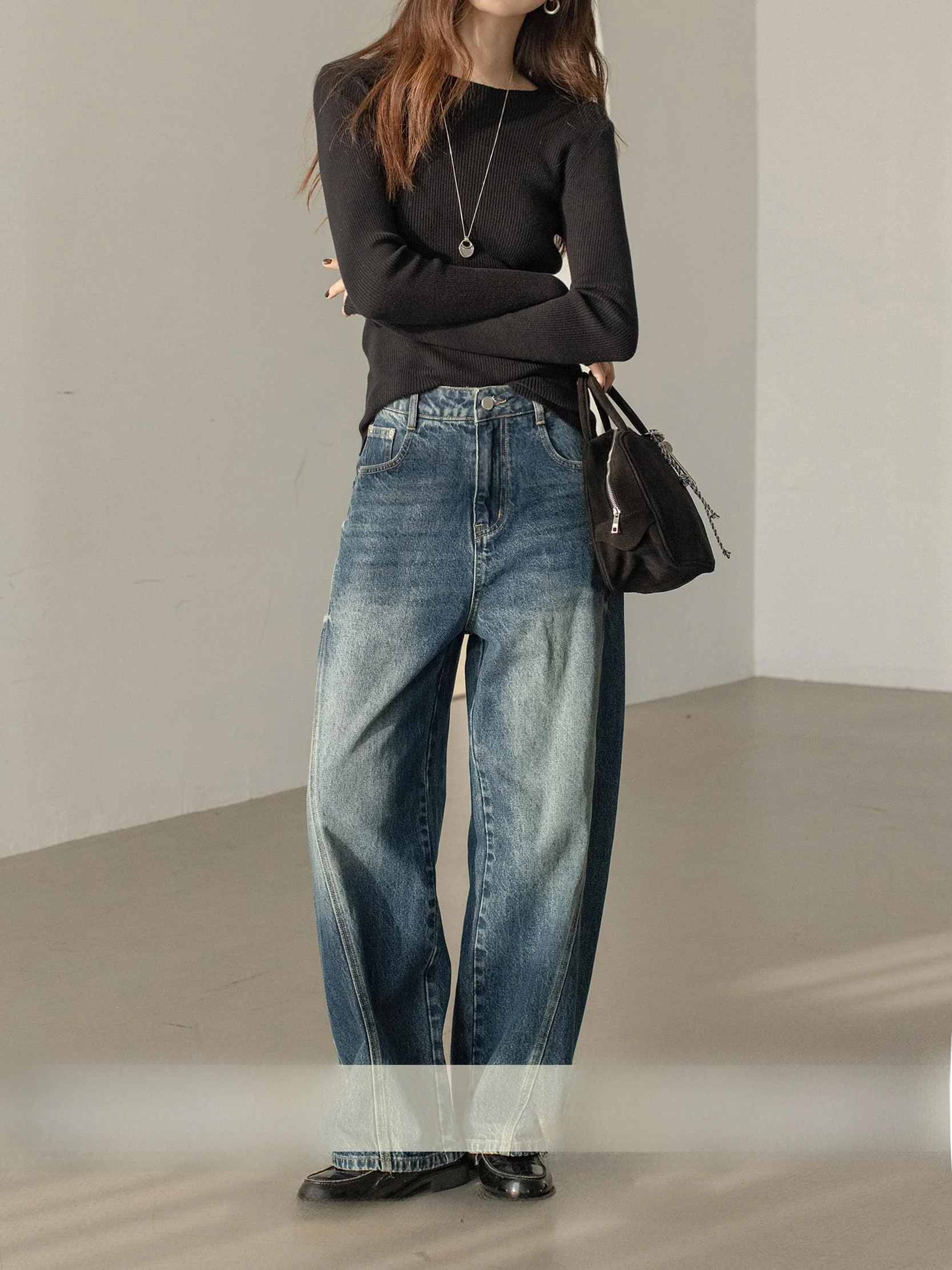 

VNOOK Ретро синие выцветшие прямые джинсы женские осенне-зимние утягивающие свободные широкие брюки с высокой талией