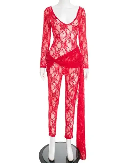 

Women's Sexy Long Jumpsuits Autumn & Winter Fashion Round Neck Lace See Through High Waist Strap Elastic Long Sleeve Jumpsuit
