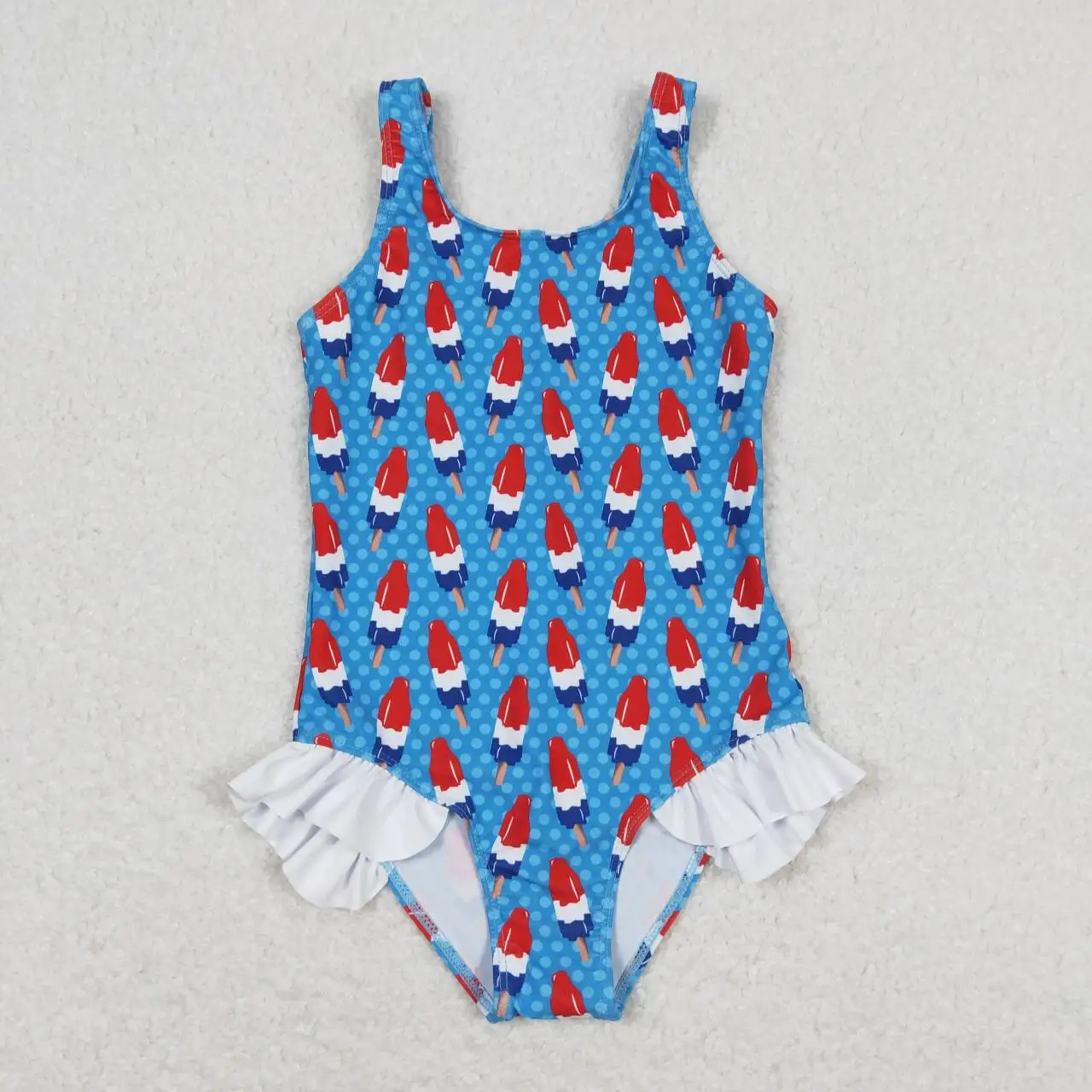 

wholesale western boutique for baby girls clothes National Day Popsicle ice cream polka dot white lace blue one-piece swimsuit