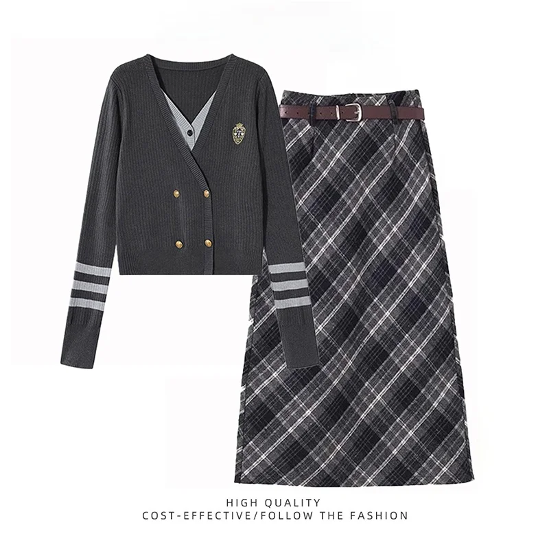 

Осенний женский антивозрастной вязаный свитер и клетчатая юбка для колледжа, модный дизайн, длинный ансамбль Sve V-Ne