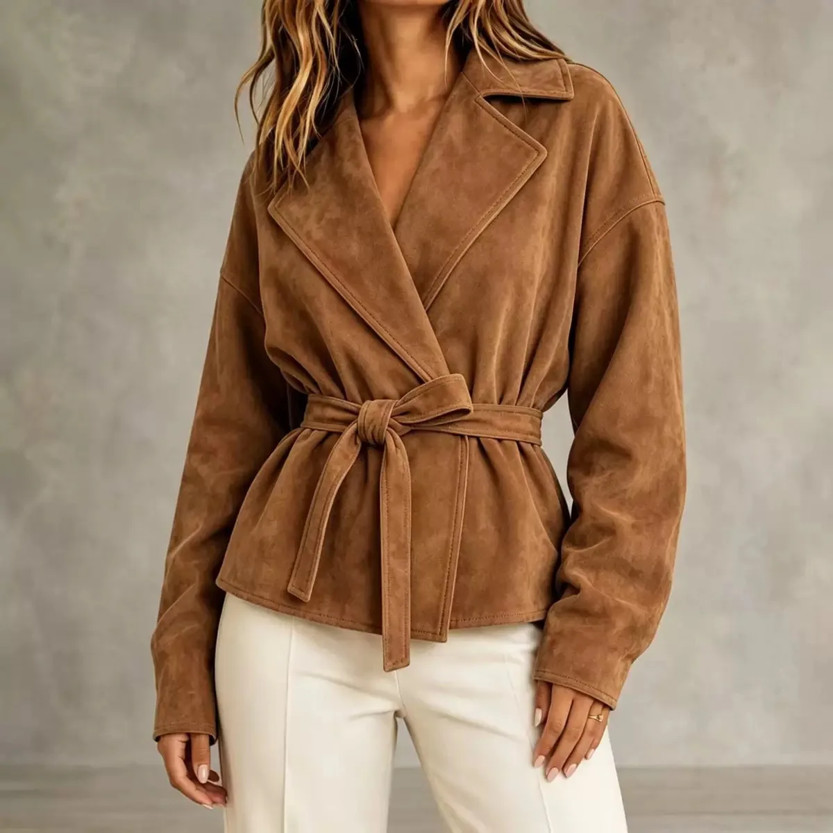Women Suede Jacket, Lapel Tie Waist Short Coat, Vintage Faux Suede Top, Loose Long Sleeve Outwear for Autumn Daily Commute