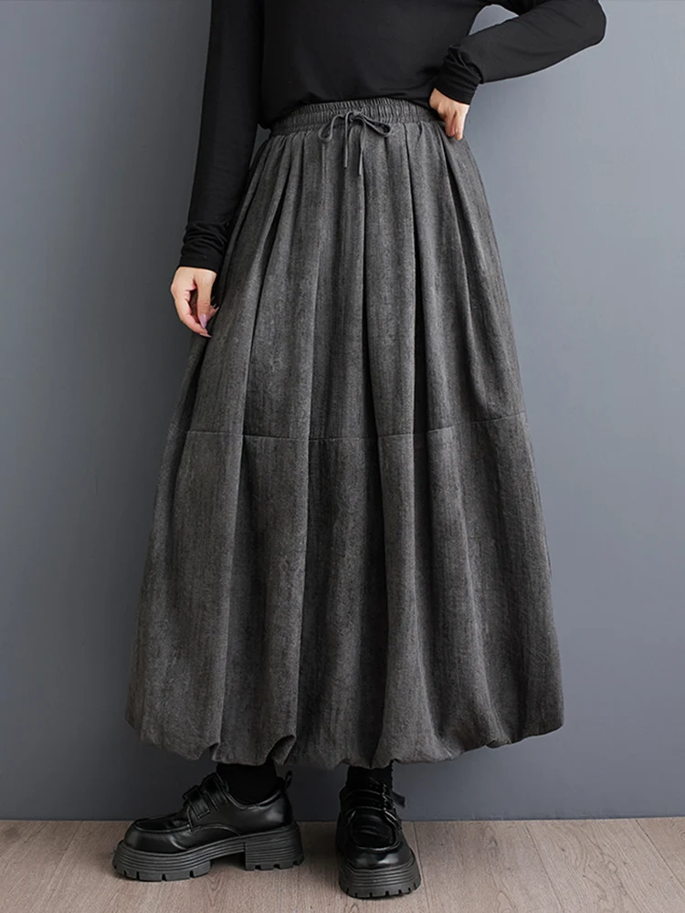 2026 Spring Autumn New Vintage High Waist Pleated Skirt Women Plus Size Fashion Drawstring Loose Casual Midi Skirts Clothing