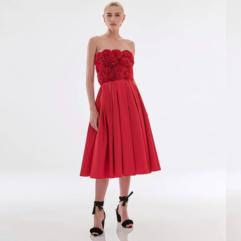 

Jersey Flower Party A-line Strapless Bespoke Occasion Gown Midi Dresses